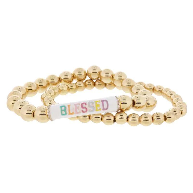 Set of 2, Gold Ball, White & Multi "BLESSED" Bar with Crystals on Gold Ball Bracelet, 8" Around sold by Charming Charlie