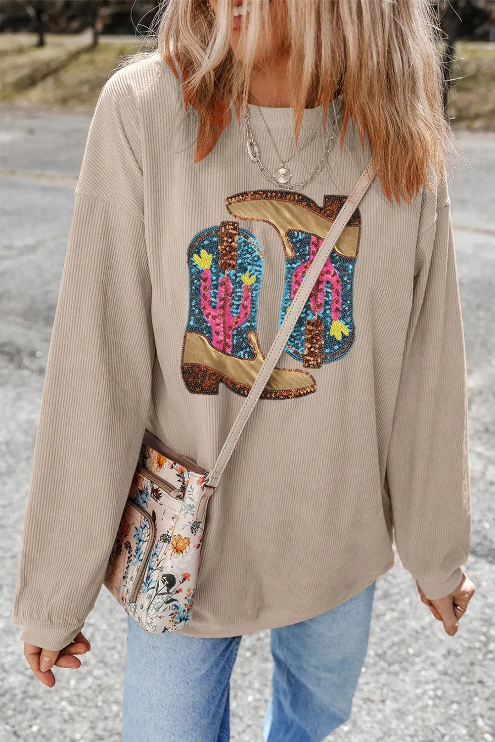 Full Size Sequin Boots Round Neck Long Sleeve Sweatshirt sold by Charming Charlie product image thumbnail 2