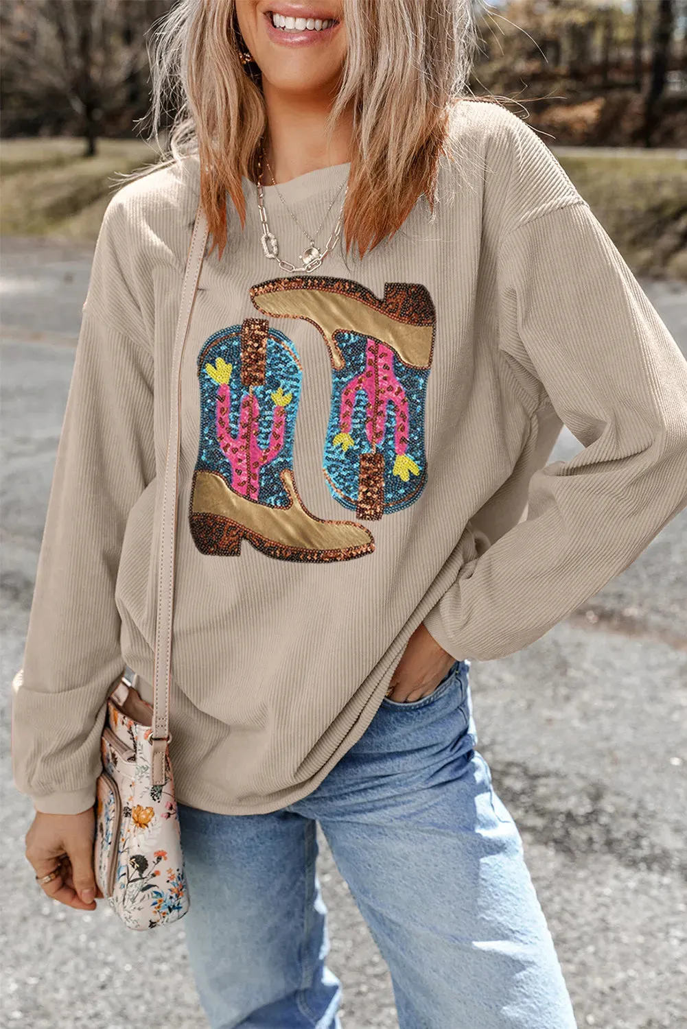Full Size Sequin Boots Round Neck Long Sleeve Sweatshirt sold by Charming Charlie