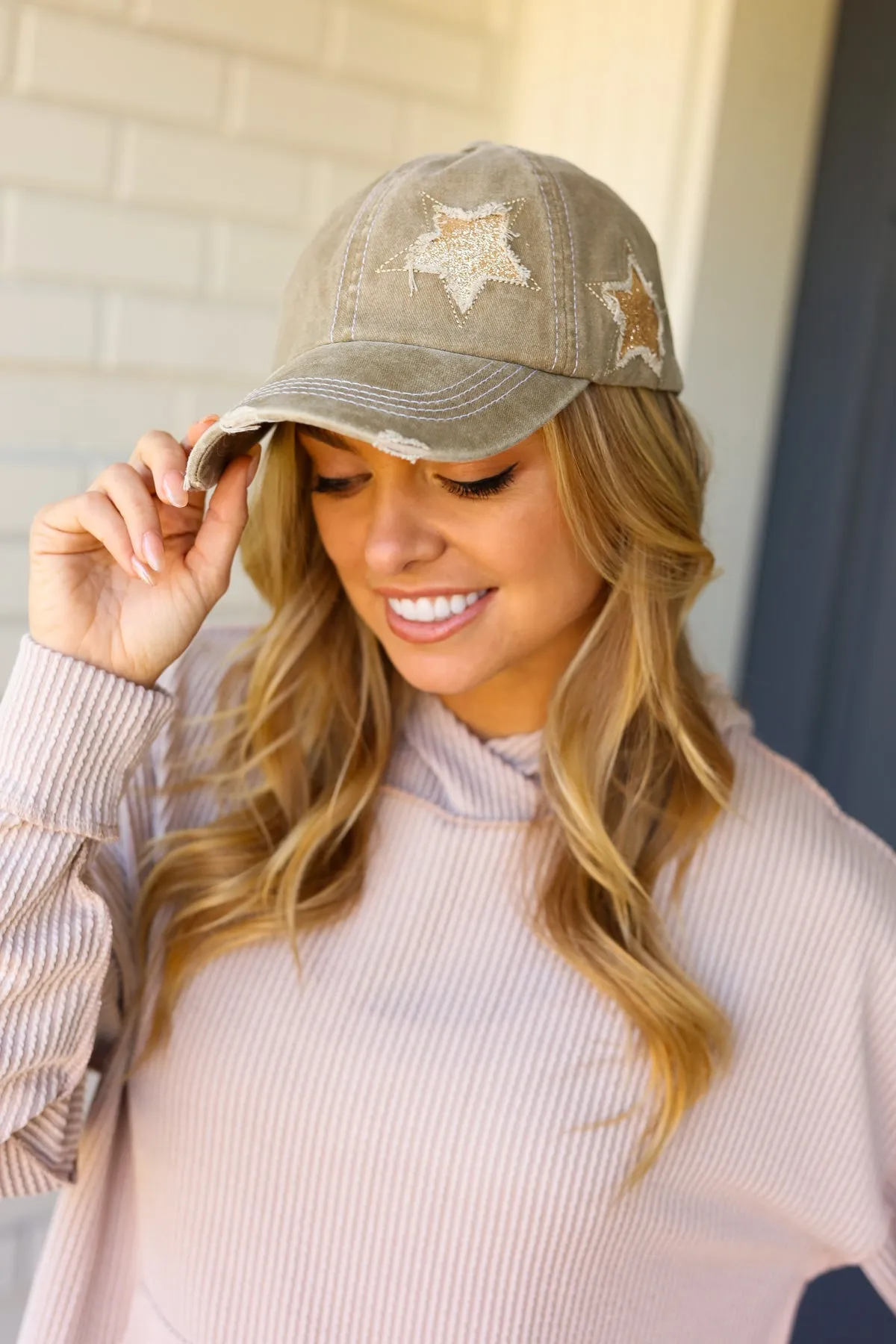 Olive Green Glitter Star Distressed Baseball Cap sold by Charming Charlie product image thumbnail 3