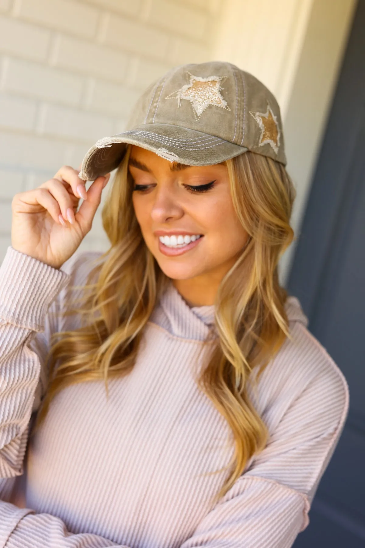 Olive Green Glitter Star Distressed Baseball Cap sold by Charming Charlie product image thumbnail 4