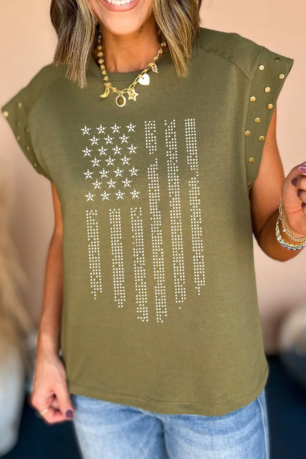 Rhinestone US Flag Round Neck Cap Sleeve T-Shirt sold by Charming Charlie