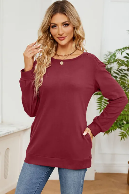 Ruched Round Neck Long Sleeve T-Shirt sold by Charming Charlie