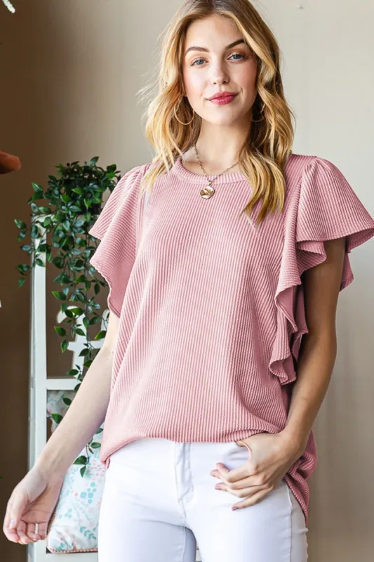 Heimish Full Size Ruffled Sleeve Ribbed Top sold by Charming Charlie