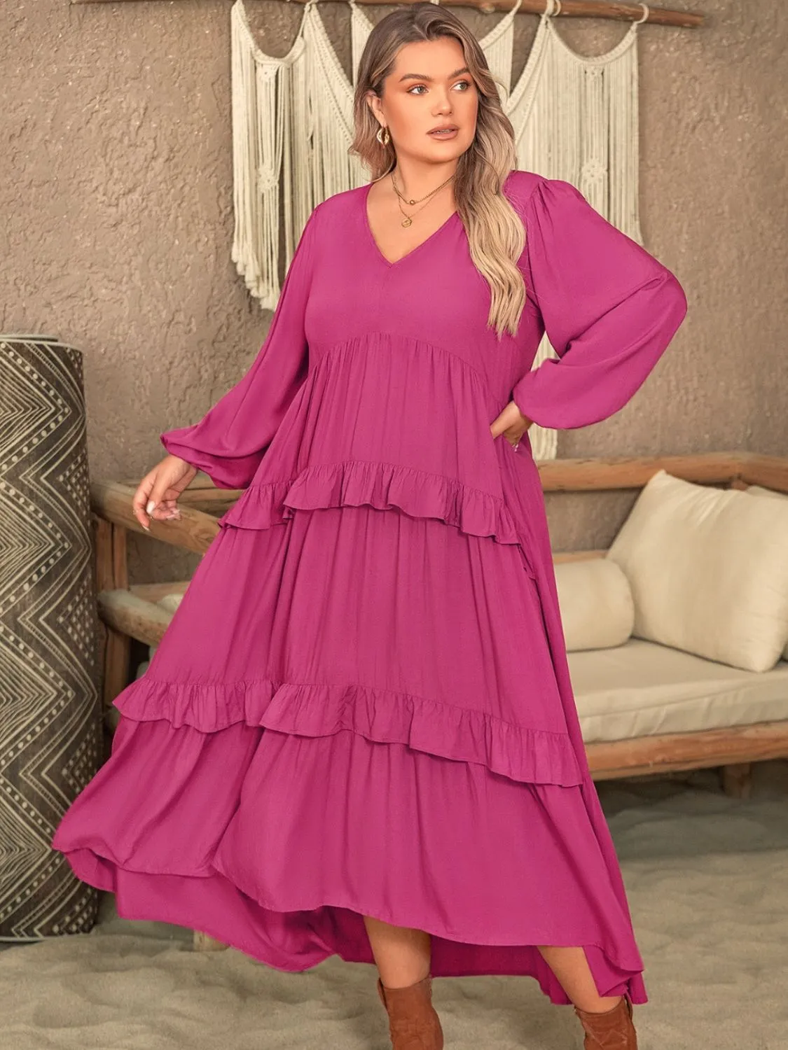 Plus Size Ruffled V-Neck Long Sleeve Dress sold by Charming Charlie product image thumbnail 3