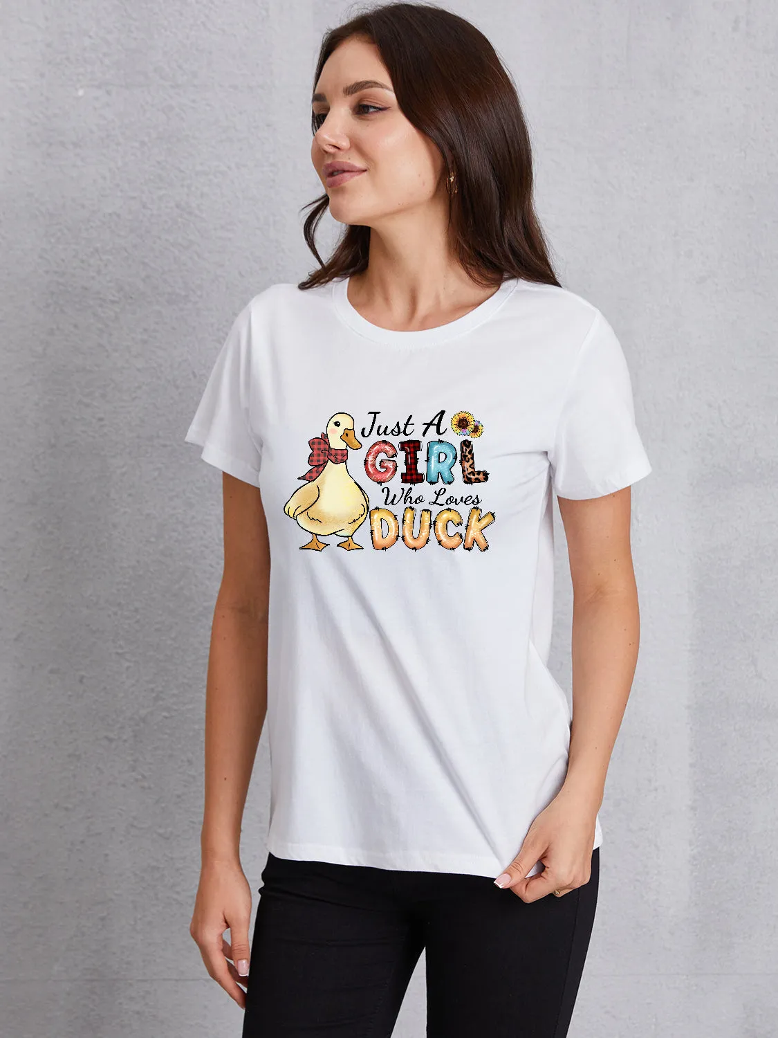JUST A GIRL WHO LOVES DUCK Round Neck T-Shirt sold by Charming Charlie