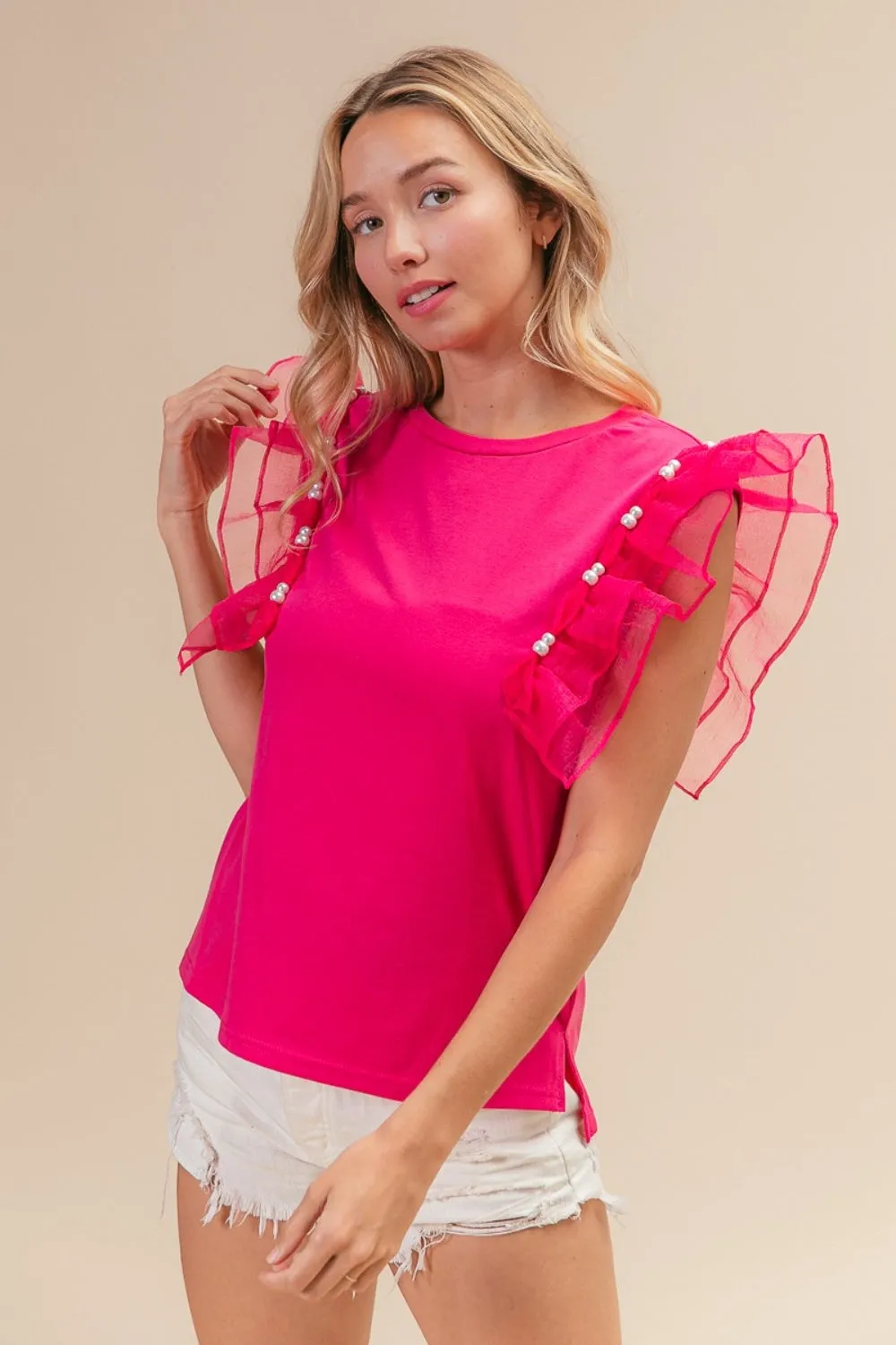 BiBi Pearl Decor Mesh Ruffle Sleeve Top sold by Charming Charlie product image thumbnail 2