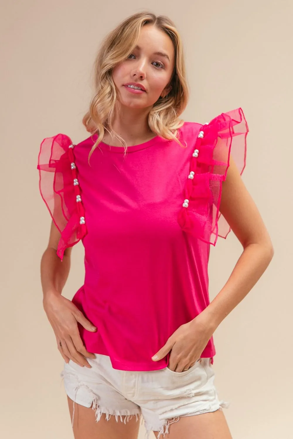 BiBi Pearl Decor Mesh Ruffle Sleeve Top sold by Charming Charlie product image thumbnail 3