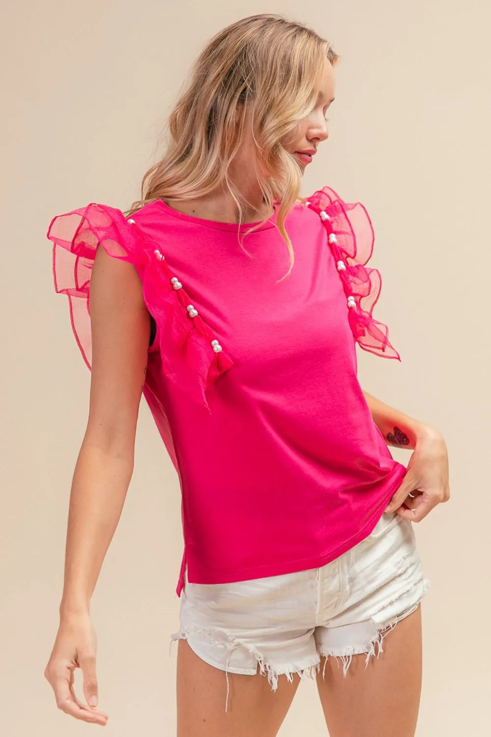BiBi Pearl Decor Mesh Ruffle Sleeve Top sold by Charming Charlie product image thumbnail 4