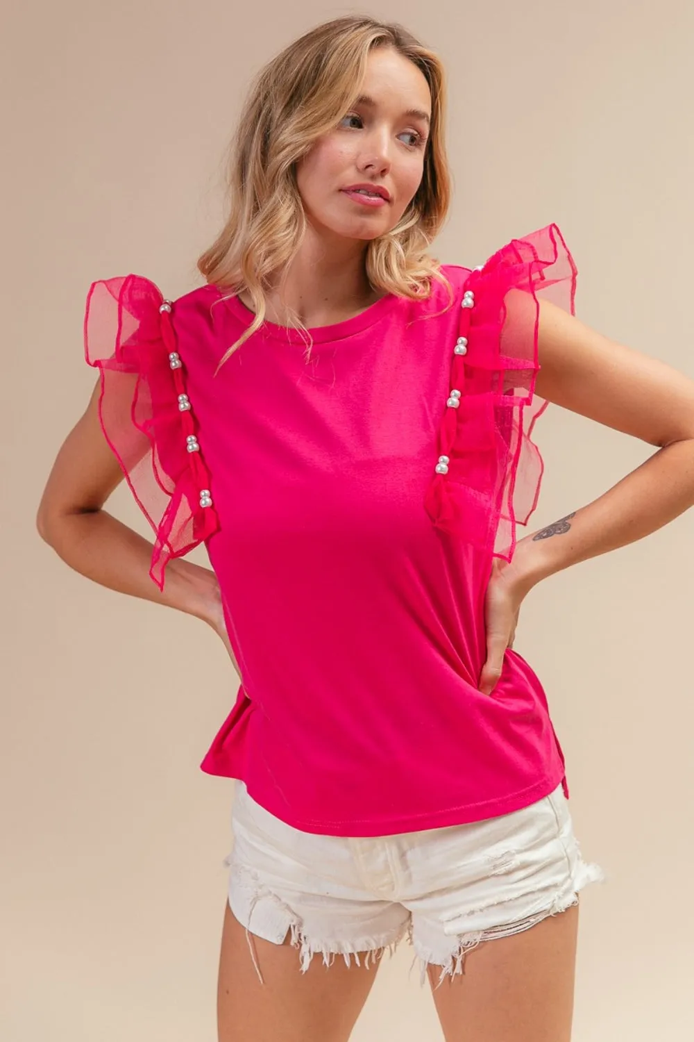 BiBi Pearl Decor Mesh Ruffle Sleeve Top sold by Charming Charlie