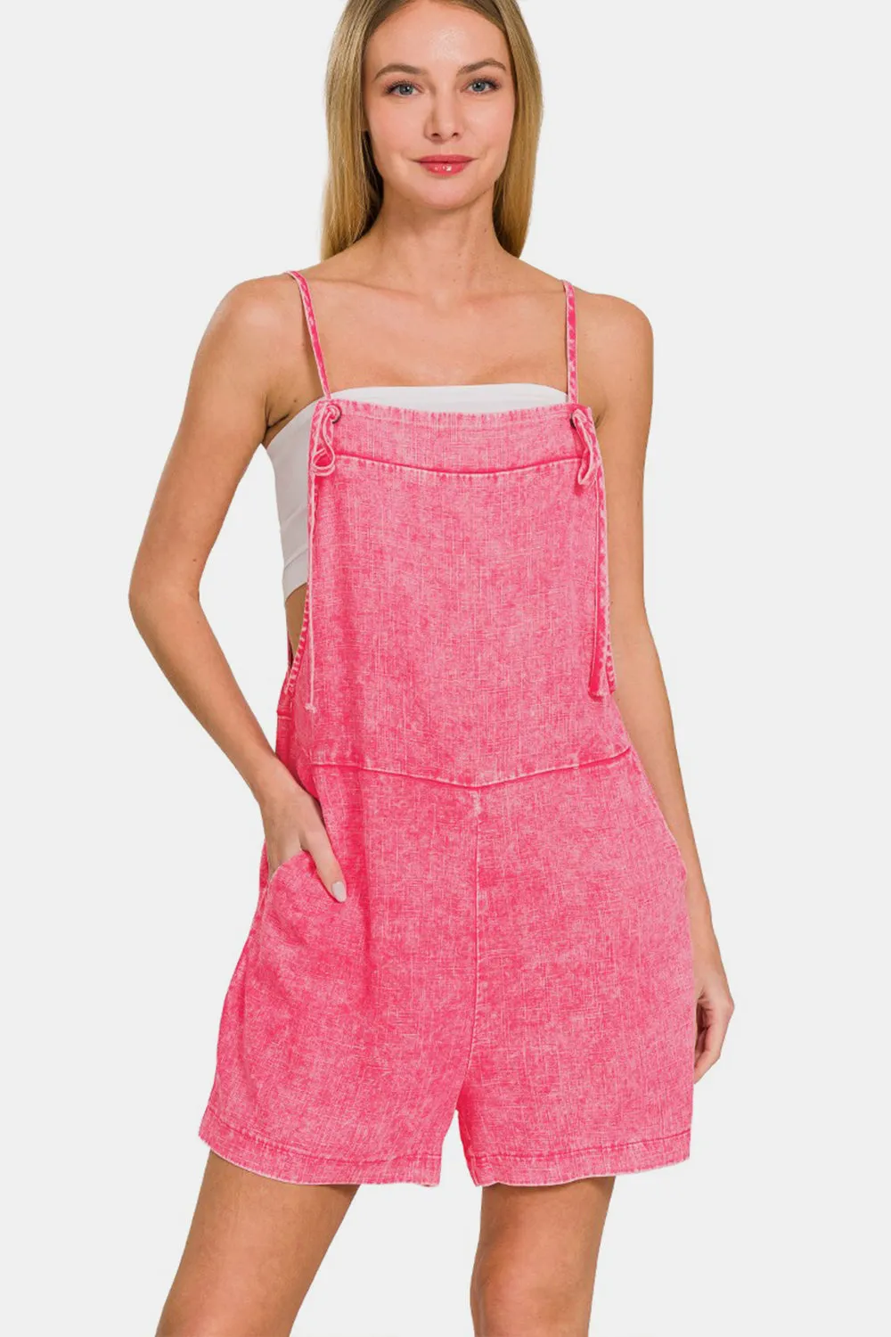 Zenana Washed Linen Knot Strap Rompers sold by Charming Charlie