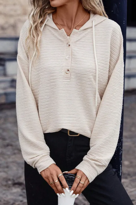 Drawstring Half Button Dropped Shoulder Hoodie sold by Charming Charlie