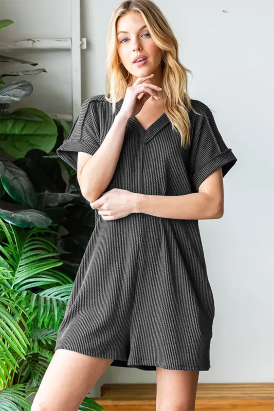 Heimish Full Size Short Sleeve Ribbed Romper with Pockets sold by Charming Charlie