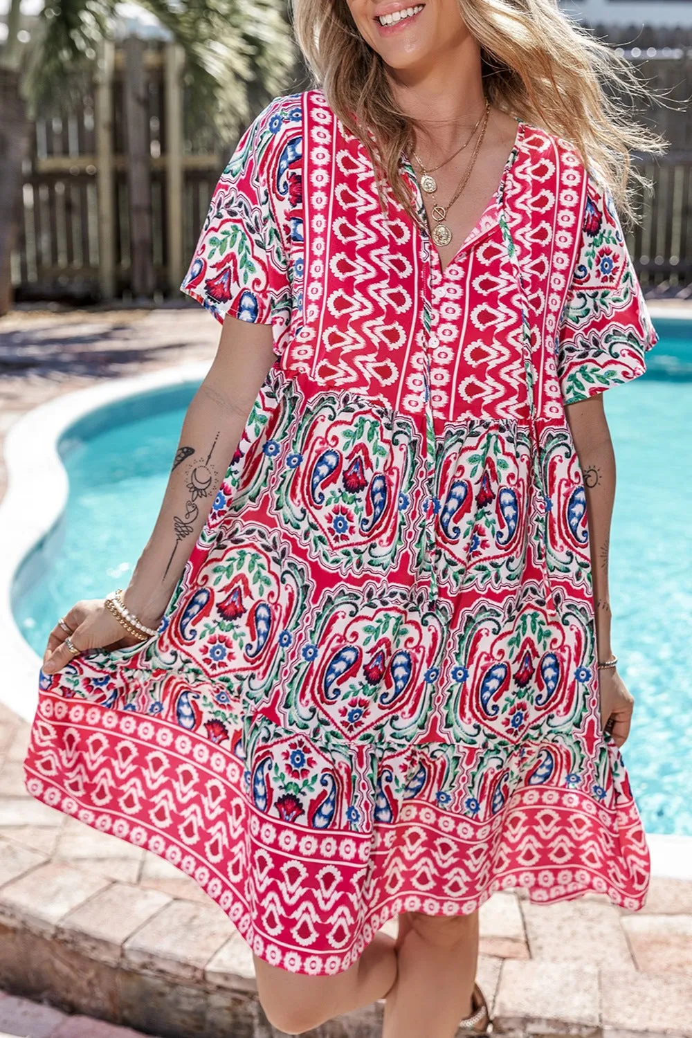 Printed Tie Neck Short Sleeve Dress sold by Charming Charlie product image thumbnail 5