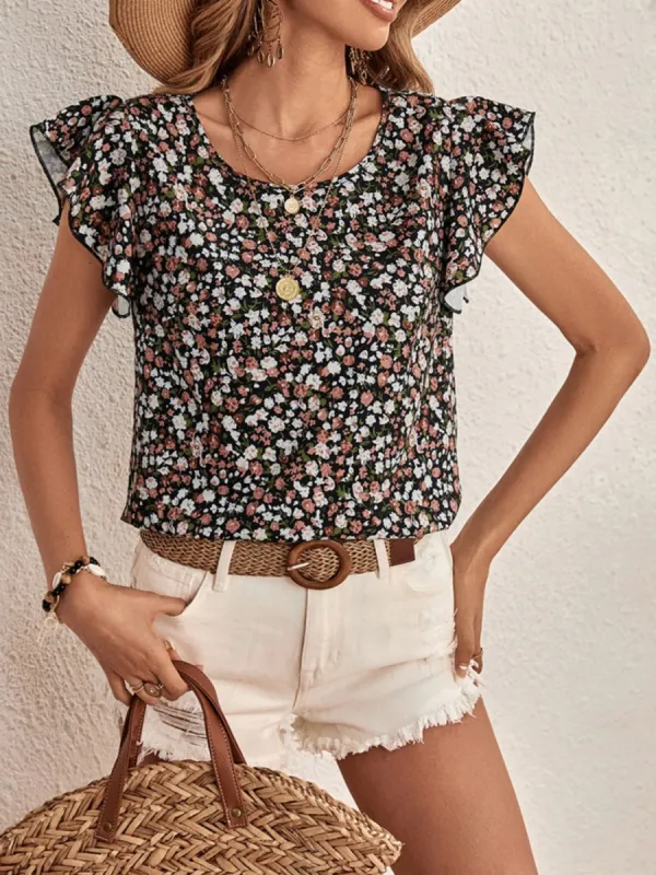 Ditsy Floral Round Neck Cap Sleeve Blouse sold by Charming Charlie