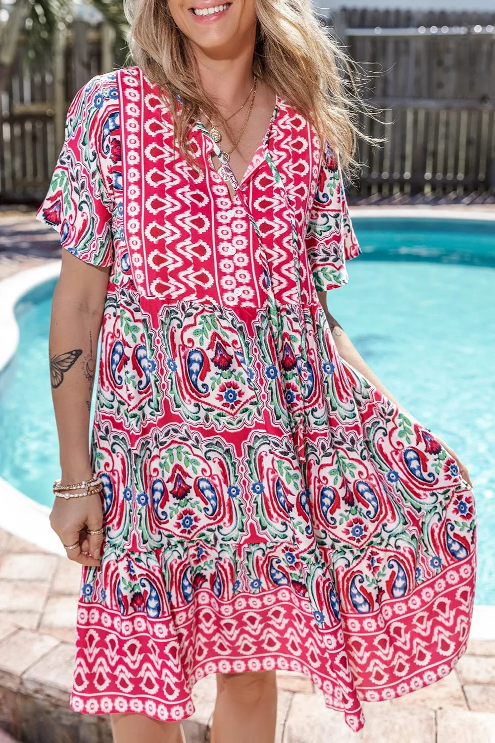Printed Tie Neck Short Sleeve Dress sold by Charming Charlie product image thumbnail 3