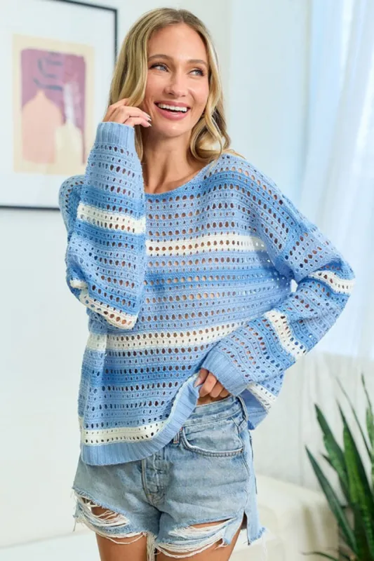 First Love Striped Long Sleeve Openwork Knit Top sold by Charming Charlie