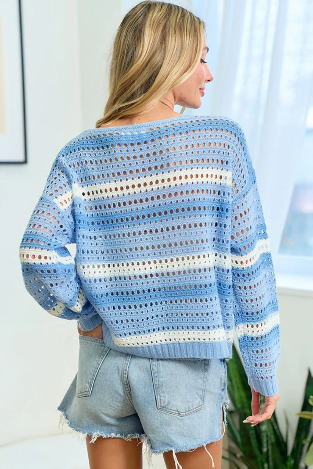 First Love Striped Long Sleeve Openwork Knit Top sold by Charming Charlie product image thumbnail 2