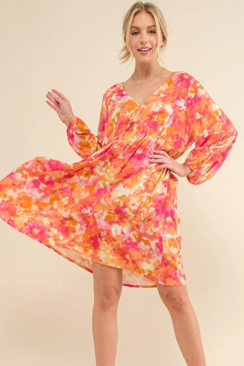 And The Why Full Size Printed Tie Back Long Sleeve Dress sold by Charming Charlie