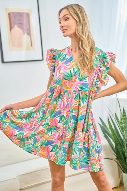 First Love Ruffled Printed Notched Cap Sleeve Dress sold by Charming Charlie