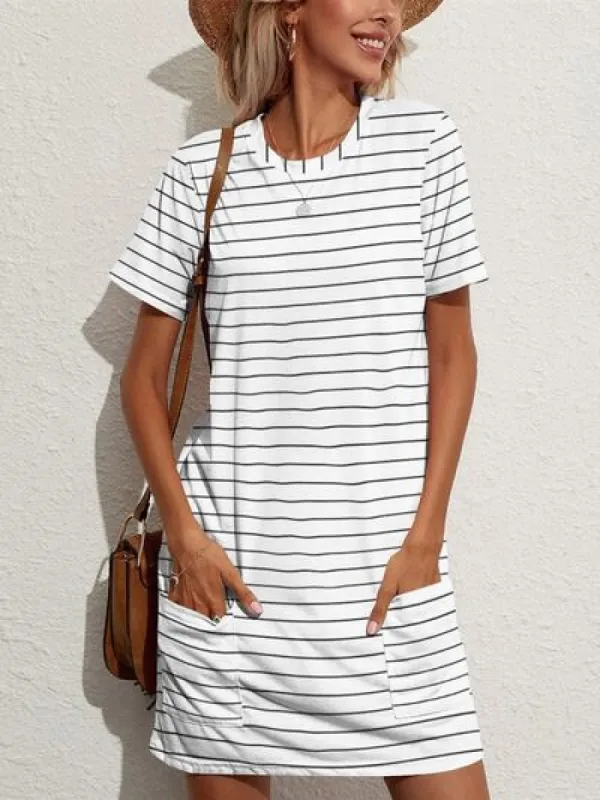 Pocketed Striped Round Neck Short Sleeve Dress sold by Charming Charlie
