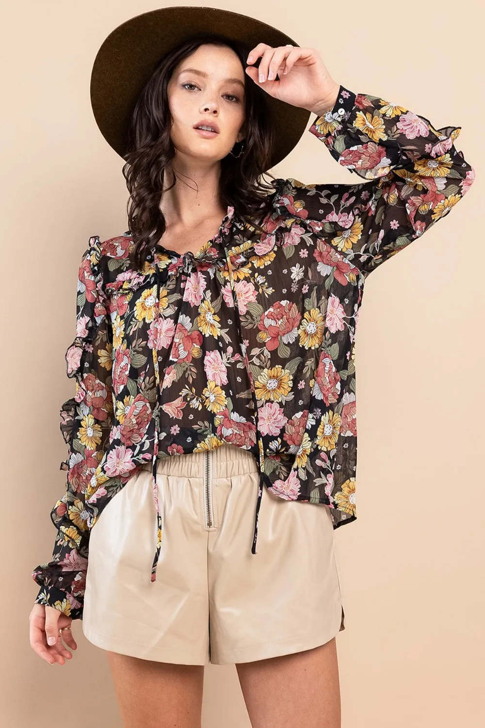 Ces Femme Ruffle Trim Long Sleeve Floral Blouse sold by Charming Charlie product image thumbnail 4