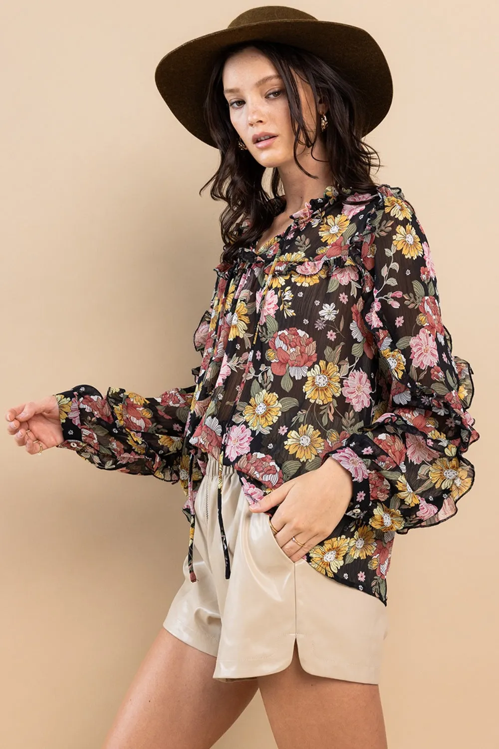 Ces Femme Ruffle Trim Long Sleeve Floral Blouse sold by Charming Charlie product image thumbnail 3