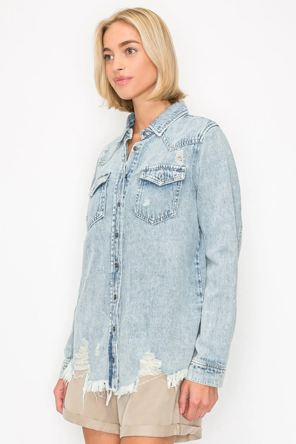 RISEN Button Up Distressed Denim Shirt sold by Charming Charlie product image thumbnail 3