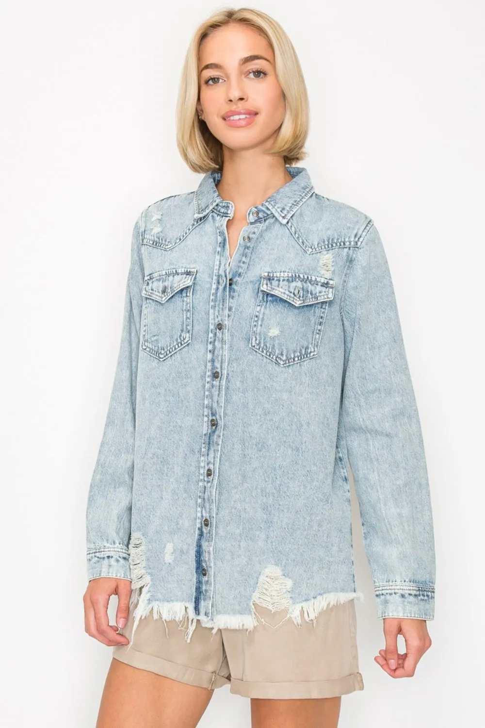 RISEN Button Up Distressed Denim Shirt sold by Charming Charlie