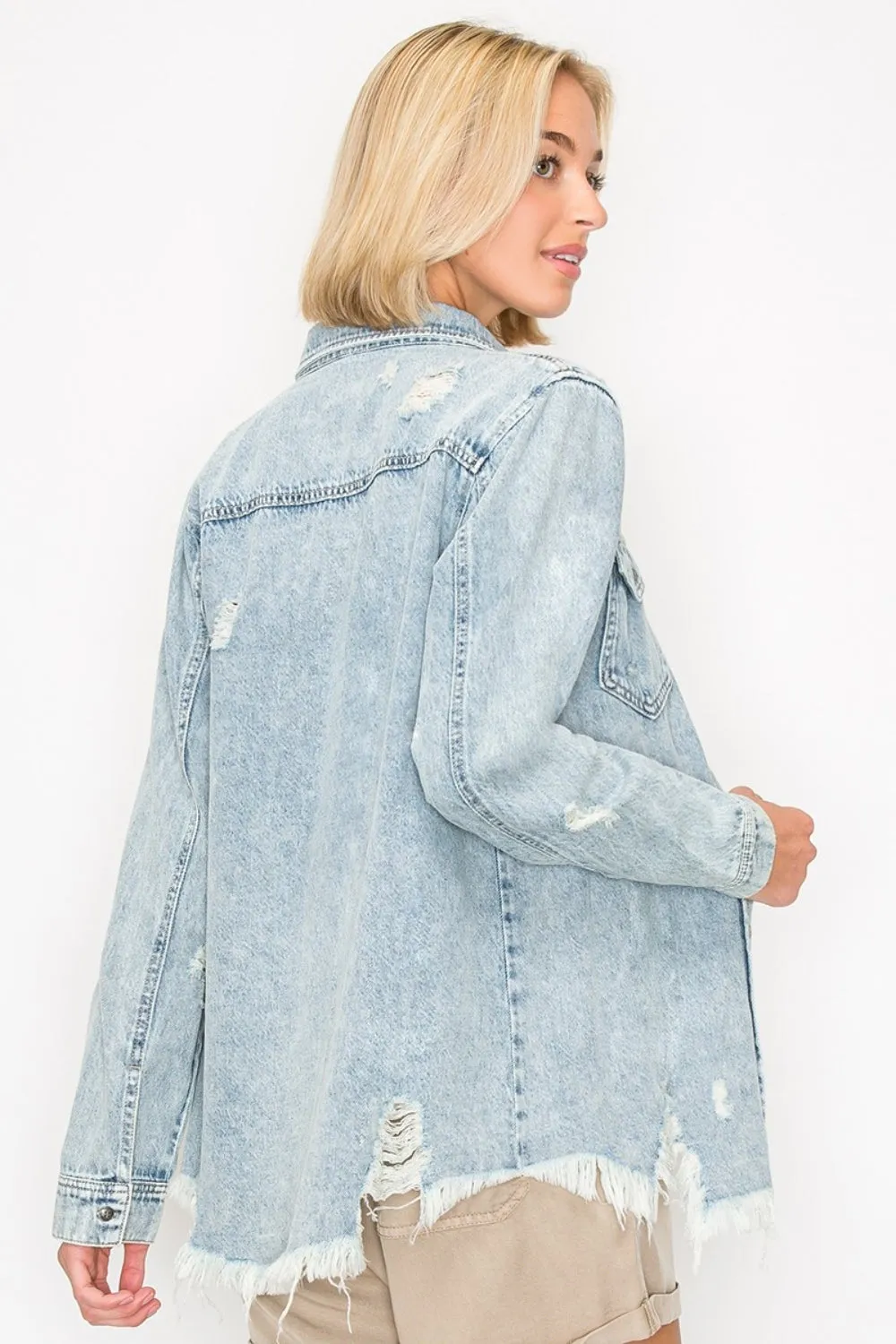 RISEN Button Up Distressed Denim Shirt sold by Charming Charlie product image thumbnail 2