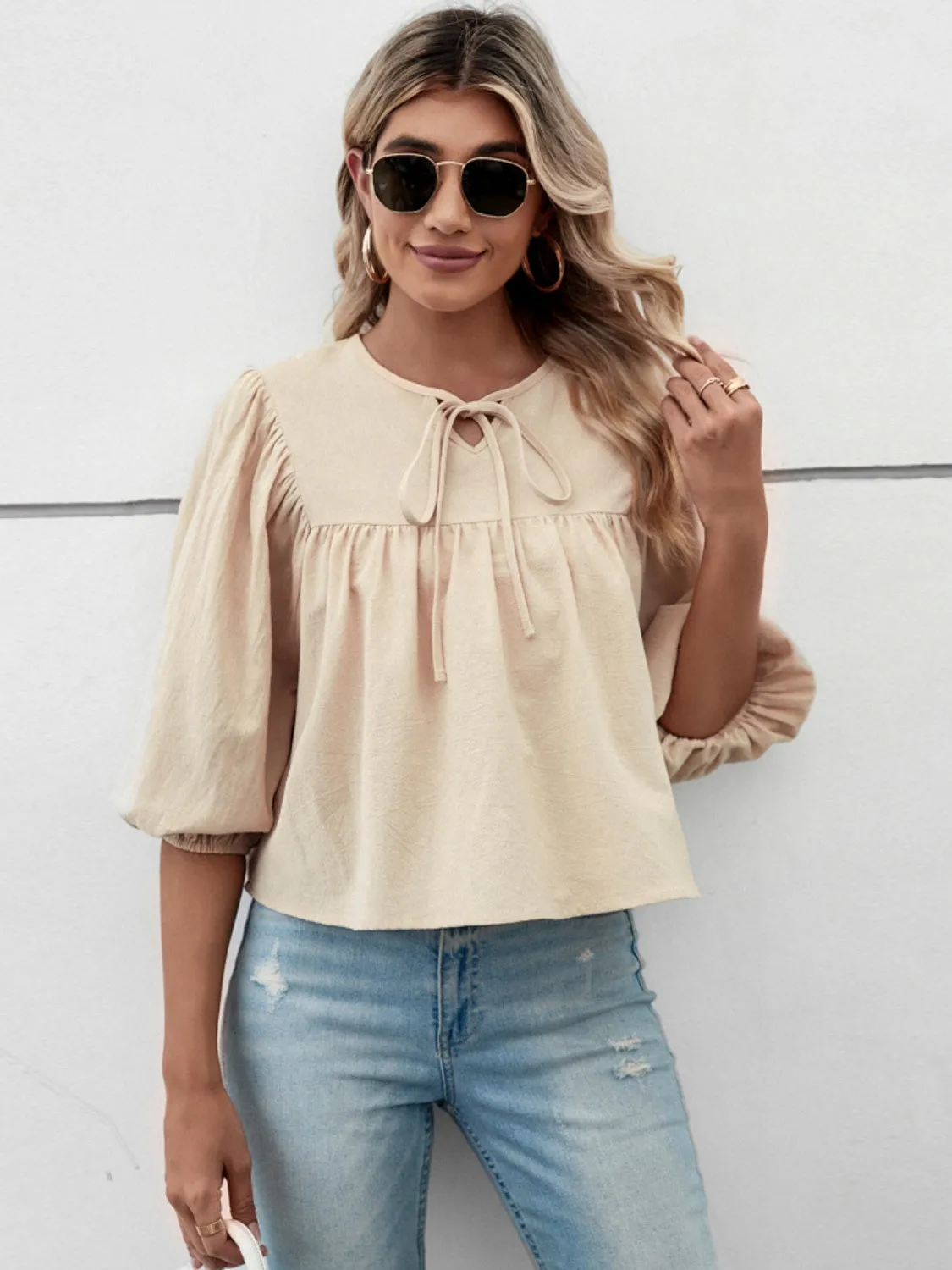 Tie Neck Balloon Sleeve Blouse sold by Charming Charlie product image thumbnail 4