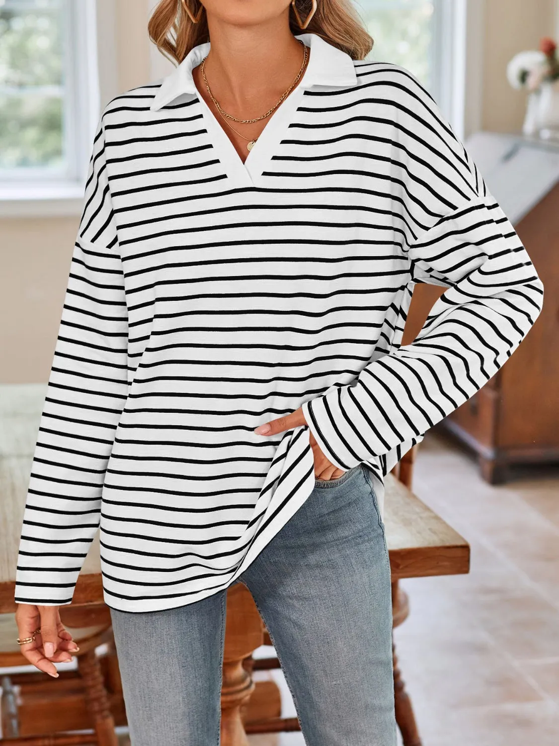 Striped Johnny Collar Long Sleeve T-Shirt sold by Charming Charlie