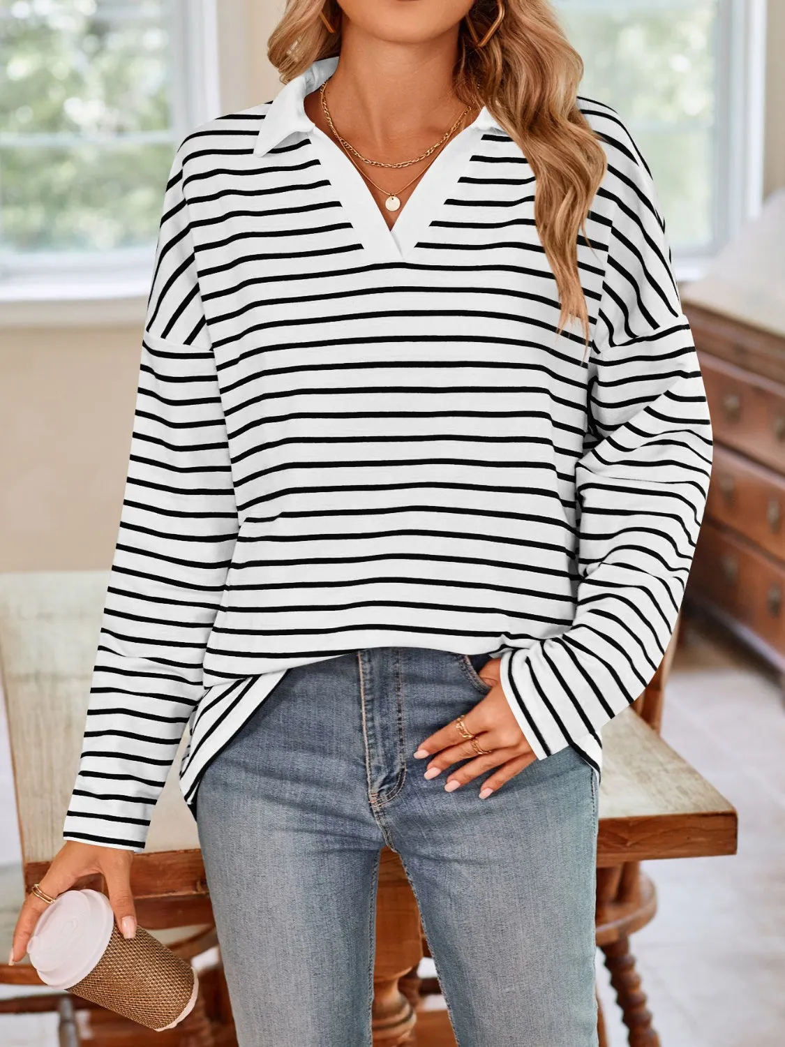 Striped Johnny Collar Long Sleeve T-Shirt sold by Charming Charlie product image thumbnail 5