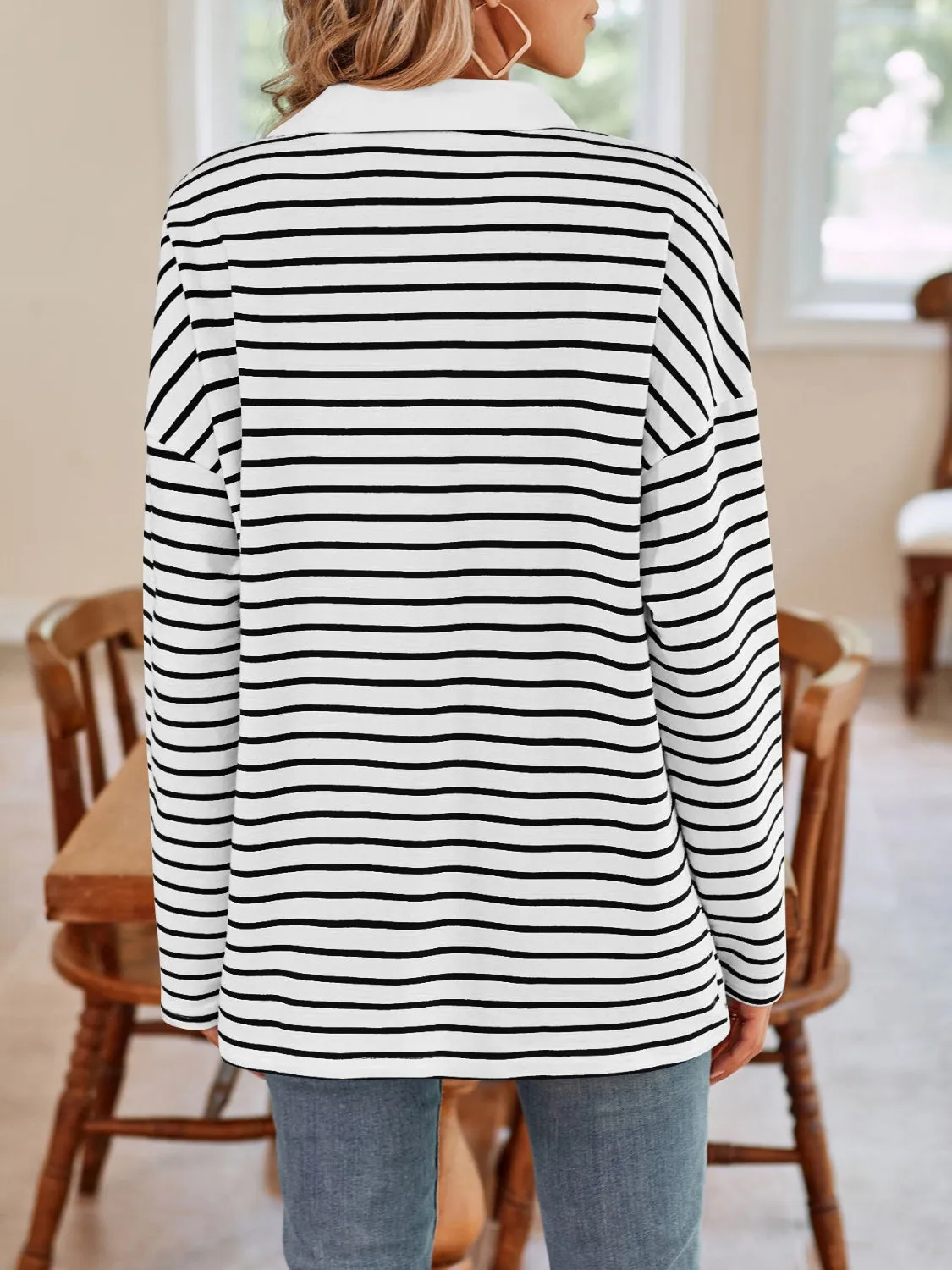 Striped Johnny Collar Long Sleeve T-Shirt sold by Charming Charlie product image thumbnail 2