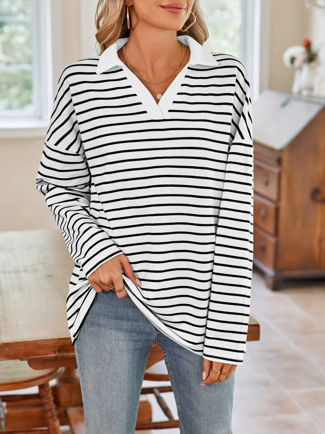 Striped Johnny Collar Long Sleeve T-Shirt sold by Charming Charlie product image thumbnail 3