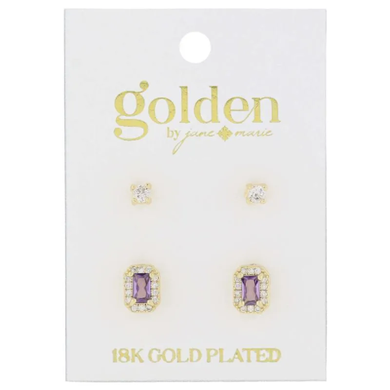 18K Gold Plated 2 Stud Set, Crystal, Amethyst Baguette Earrings, .15", .35" Top to Bottom sold by Charming Charlie