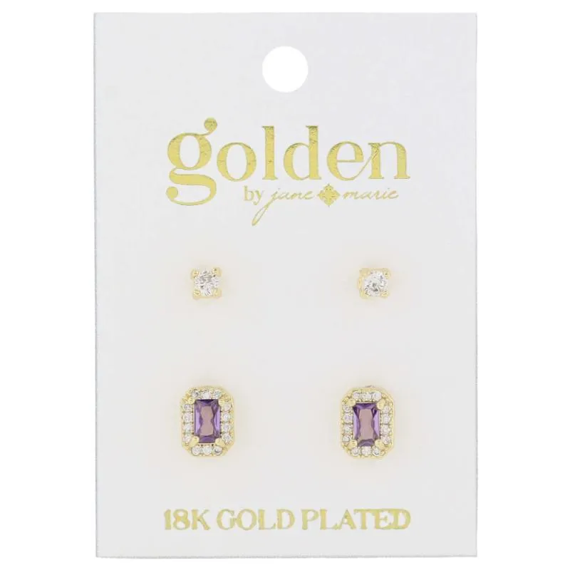 18K Gold Plated 2 Stud Set, Crystal, Amethyst Baguette Earrings, .15", .35" Top to Bottom sold by Charming Charlie