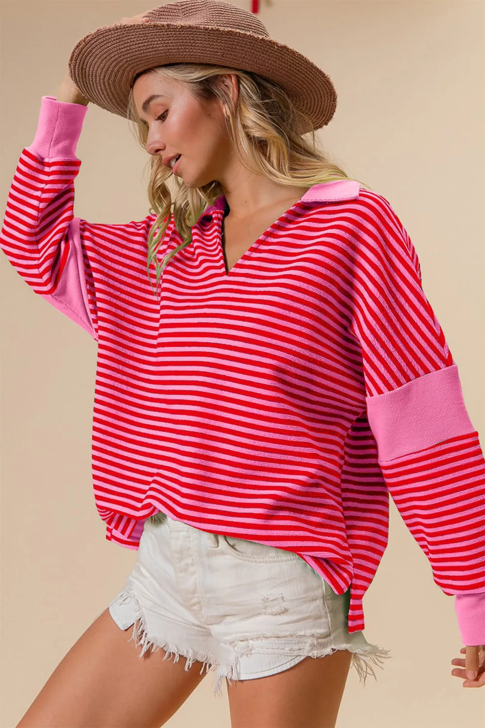 BiBi Striped Contrast Long Sleeve Knit Top sold by Charming Charlie