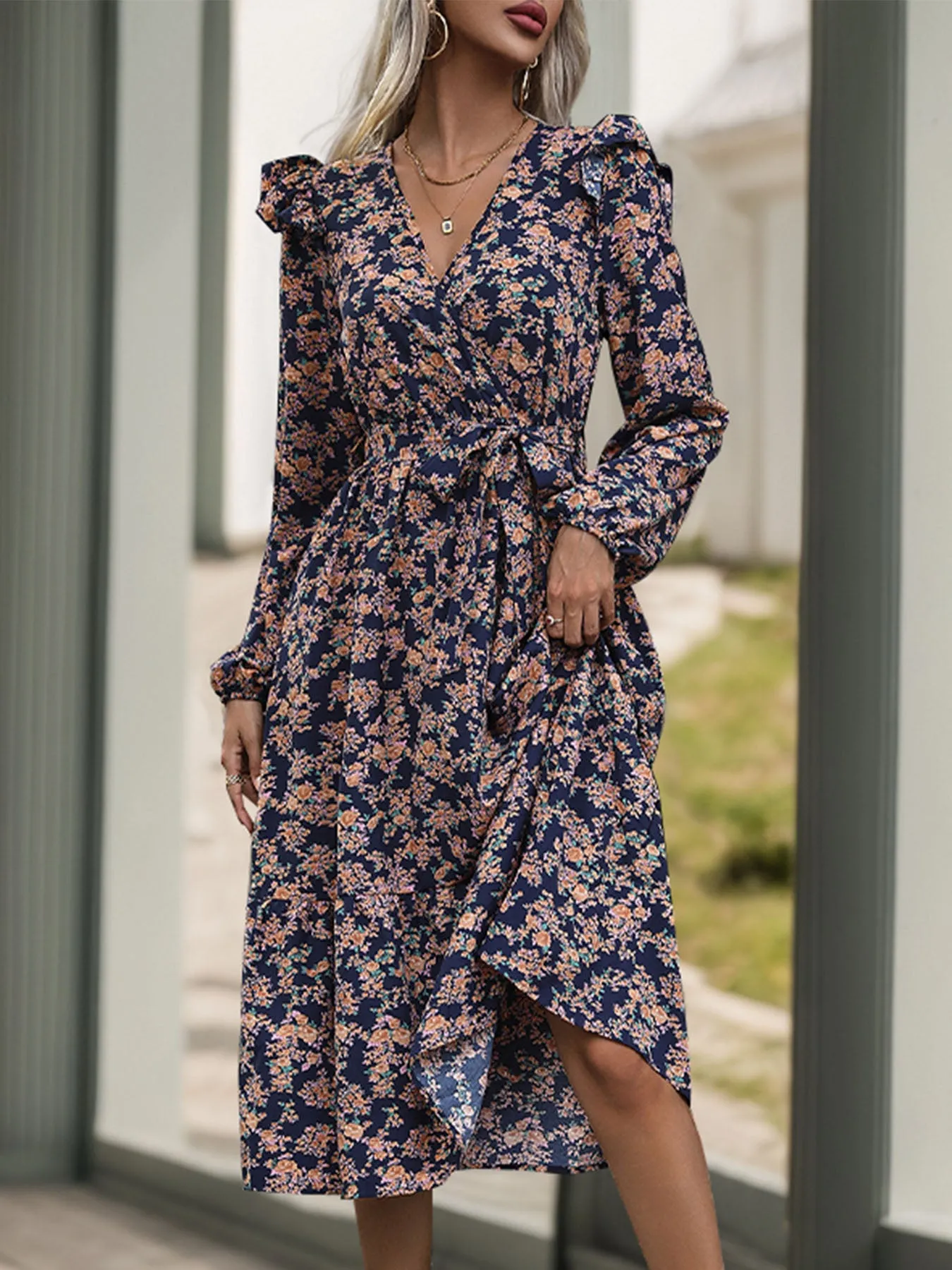 Printed Surplice Long Sleeve Midi Dress sold by Charming Charlie product image thumbnail 3