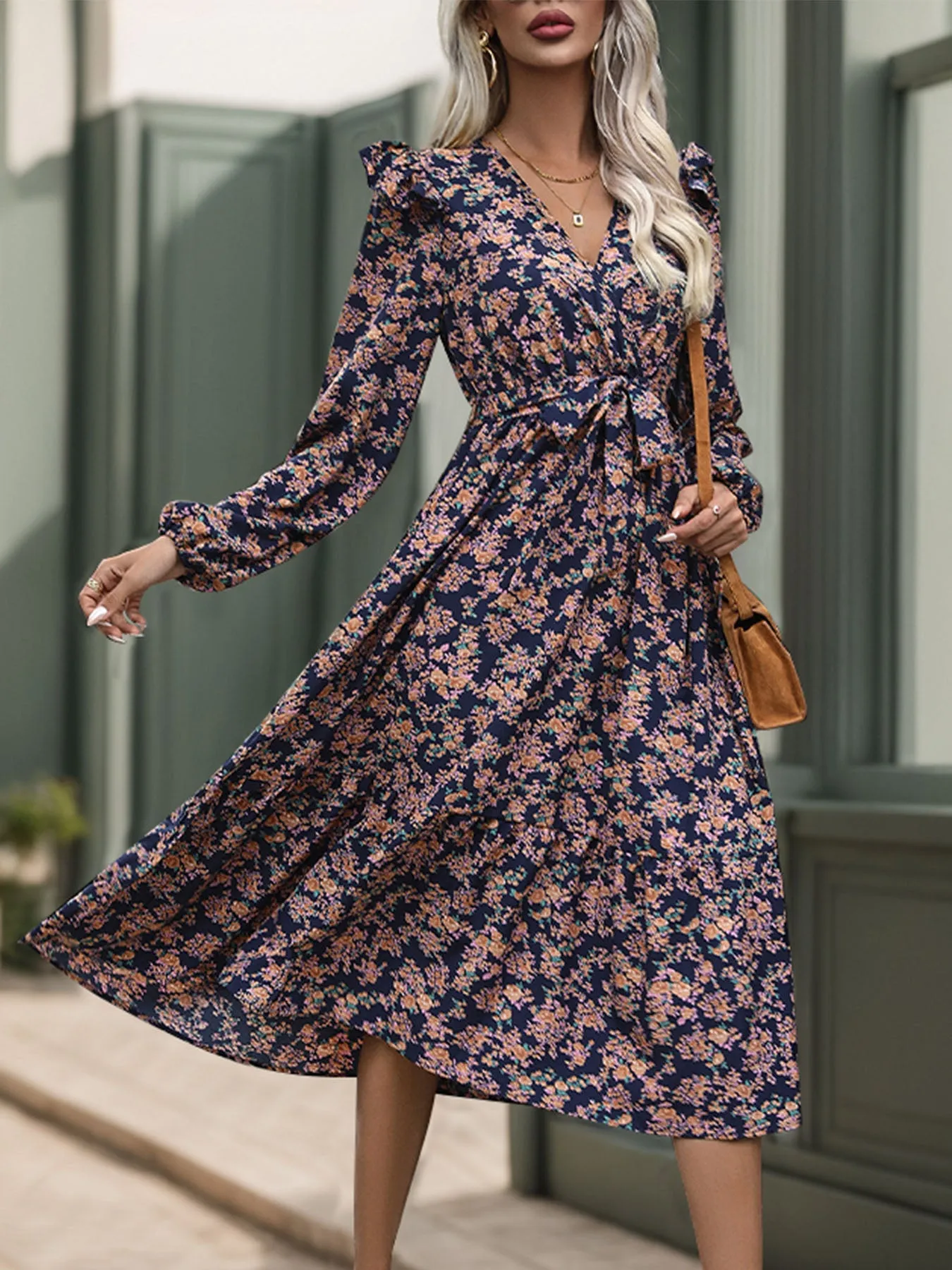Printed Surplice Long Sleeve Midi Dress sold by Charming Charlie product image thumbnail 4