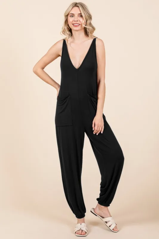 Culture Code Full Size Plunge Sleeveless Jumpsuit with Pockets sold by Charming Charlie