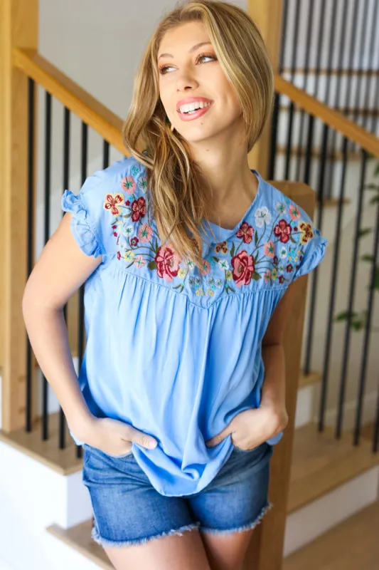 Feeling Femme' Sky Blue Floral Embroidered Yoke Ruffle Sleeve Top sold by Charming Charlie