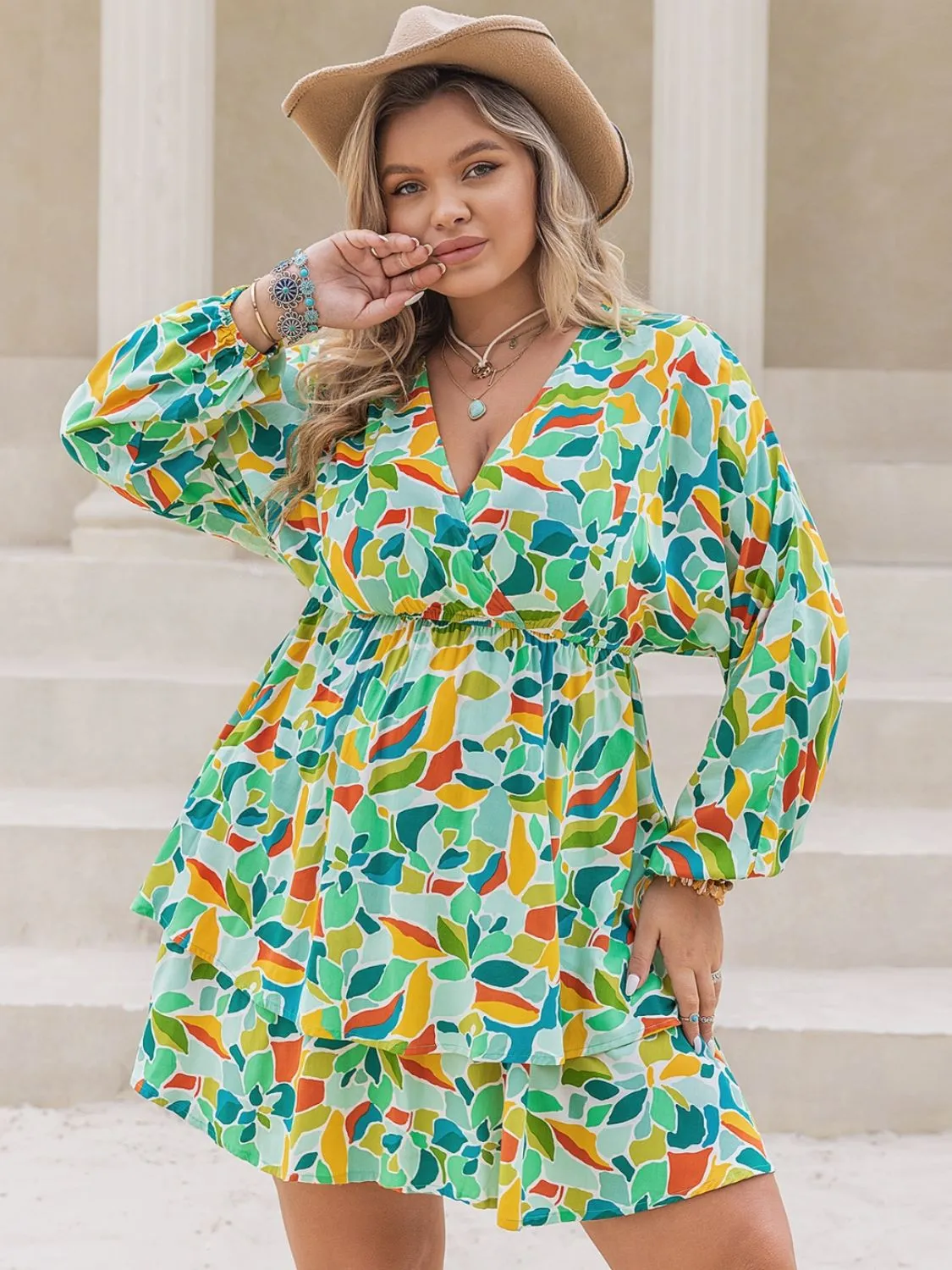 Plus Size Printed Surplice Long Sleeve Mini Dress sold by Charming Charlie product image thumbnail 3