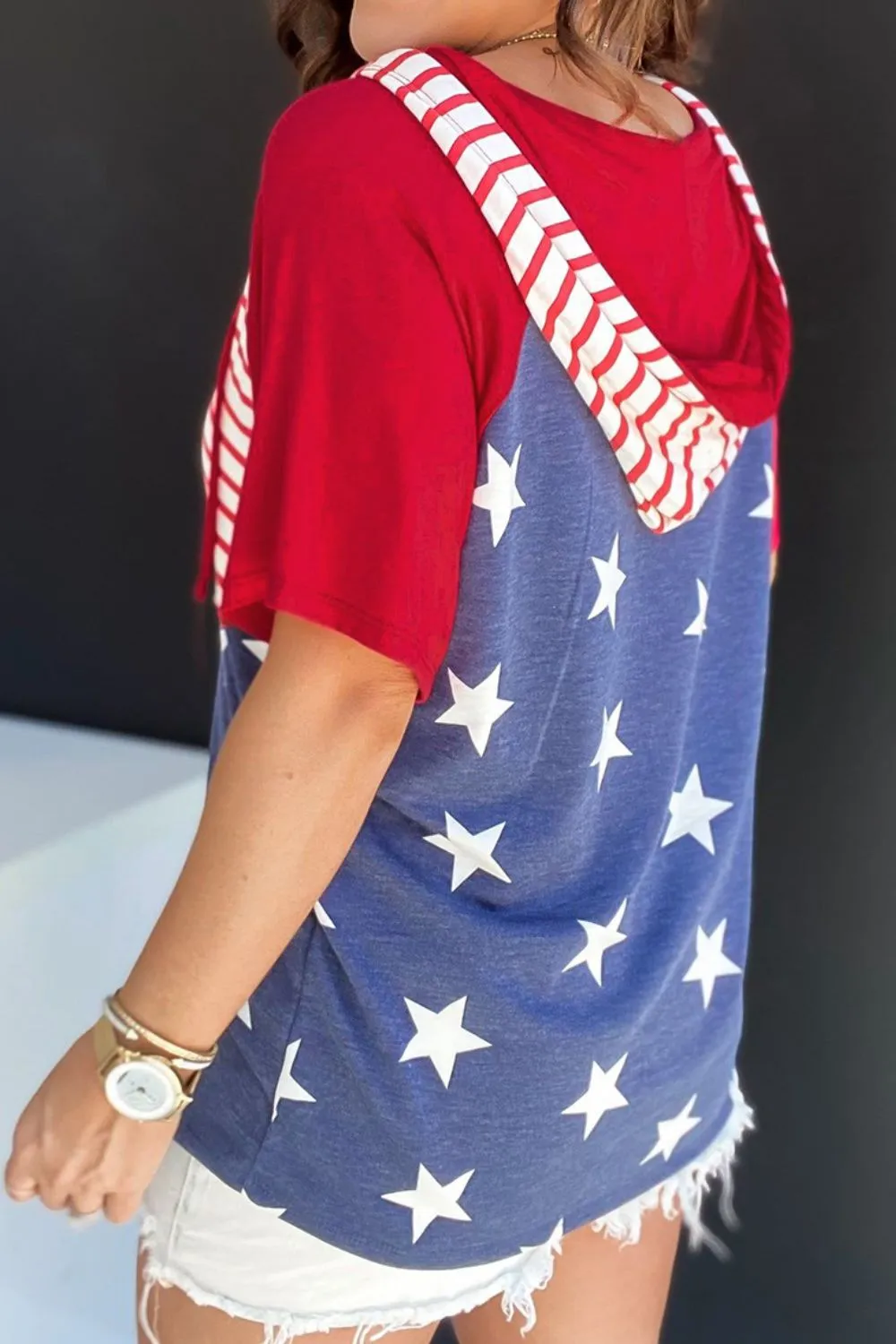 Drawstring Star & Stripes Half Sleeve Hooded Top sold by Charming Charlie product image thumbnail 2