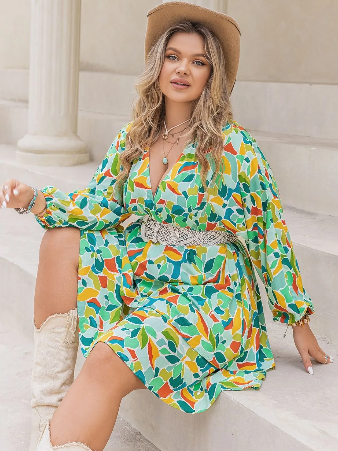 Plus Size Printed Surplice Long Sleeve Mini Dress sold by Charming Charlie product image thumbnail 4