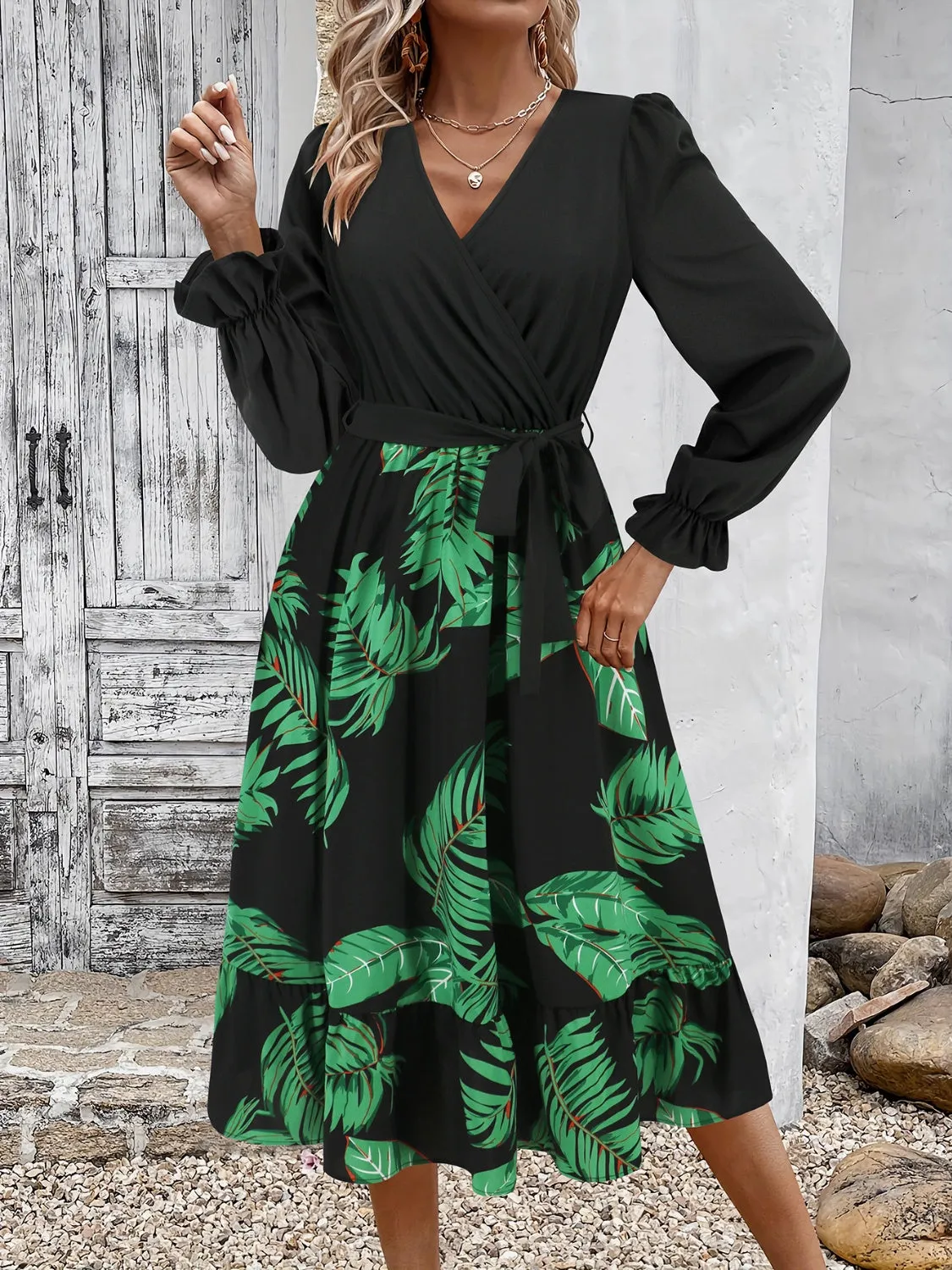 Tied Ruffled Printed Long Sleeve Dress sold by Charming Charlie