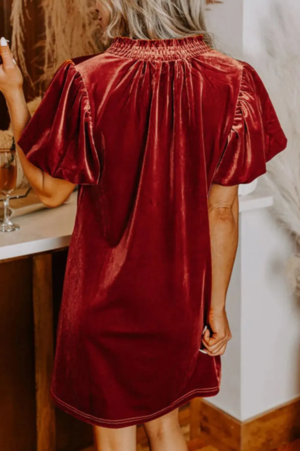 Velvet Tie Neck Short Sleeve Mini Dress sold by Charming Charlie product image thumbnail 3