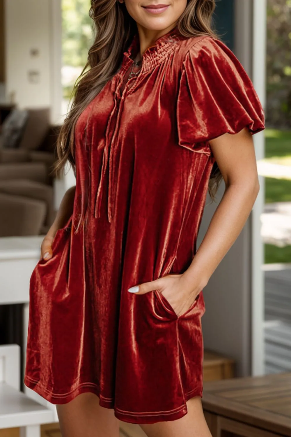 Velvet Tie Neck Short Sleeve Mini Dress sold by Charming Charlie