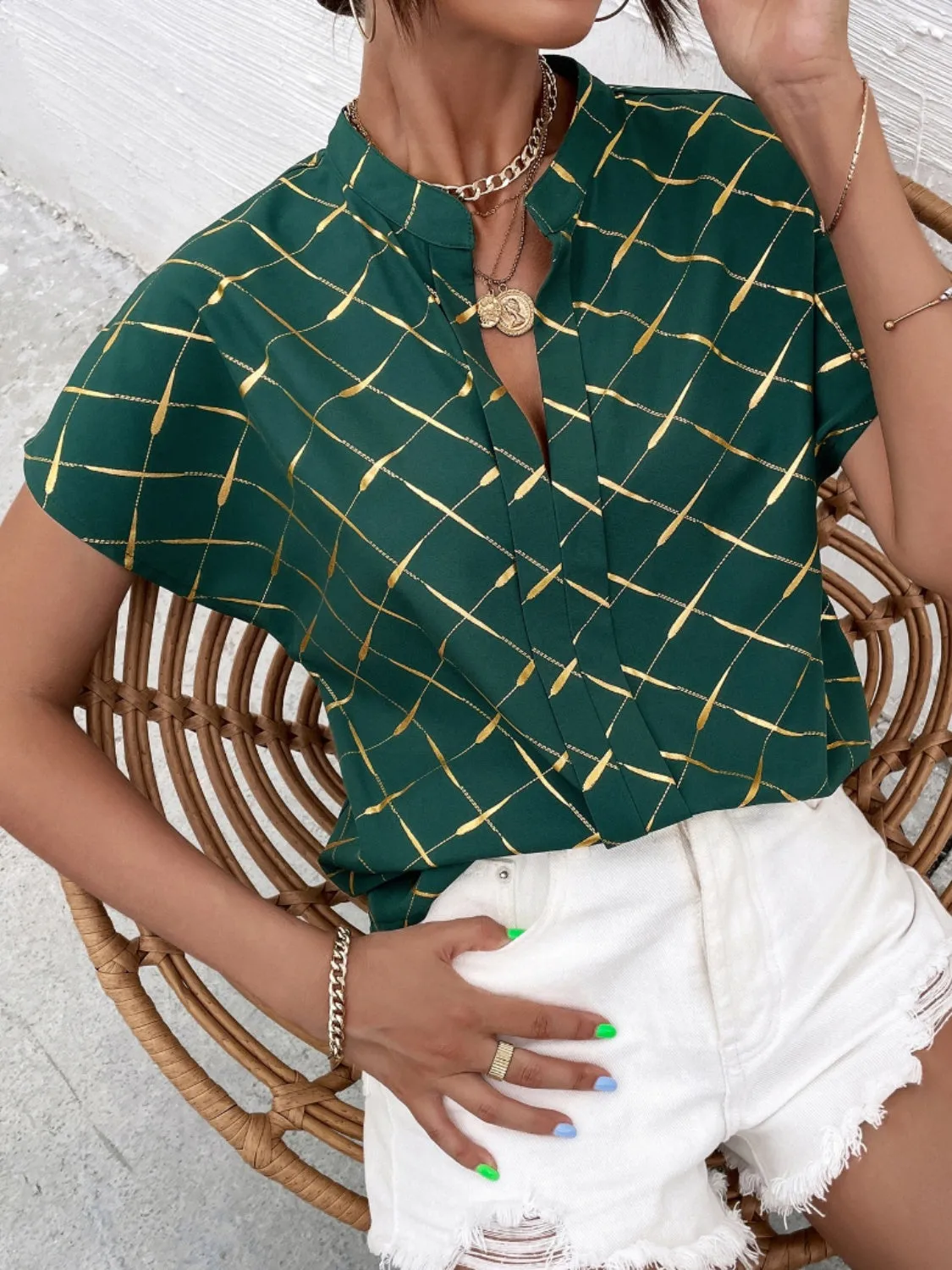 Printed Notched Short Sleeve Blouse sold by Charming Charlie product image thumbnail 3