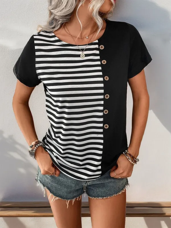 Striped Round Neck Short Sleeve T-Shirt sold by Charming Charlie
